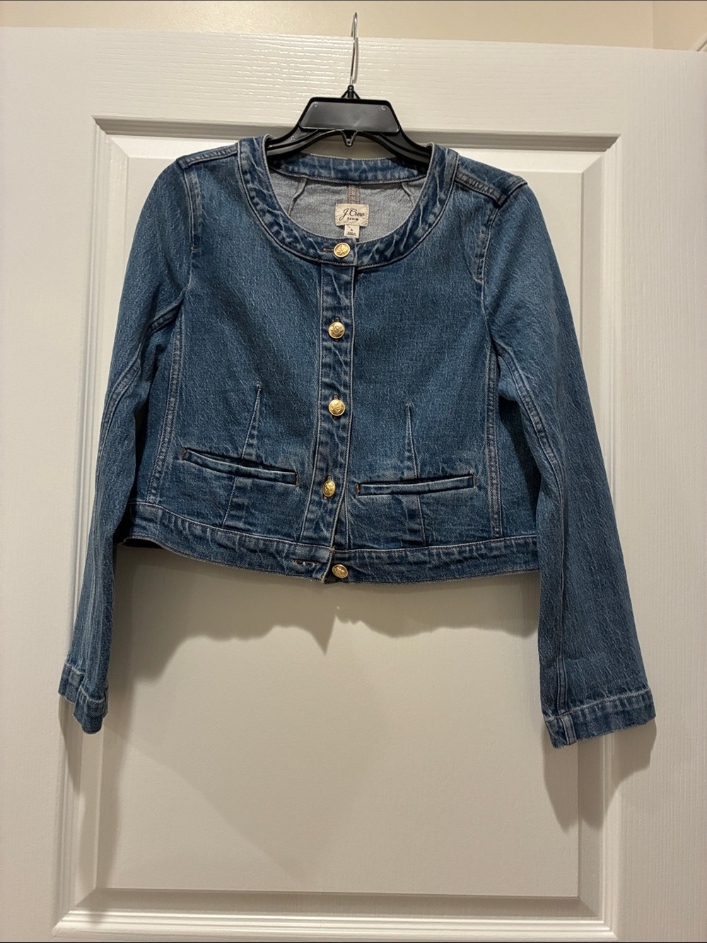 J. Crew Blue Cropped Denim Jacket with Gold Buttons
